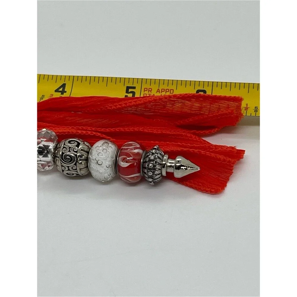 Hand-Crafted Orange Silver Silk Tassel Beaded Purse Bag Charm Keychain NWT